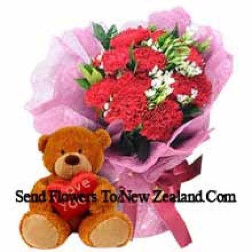 11 Carnations with Cute 12 Inch Teddy