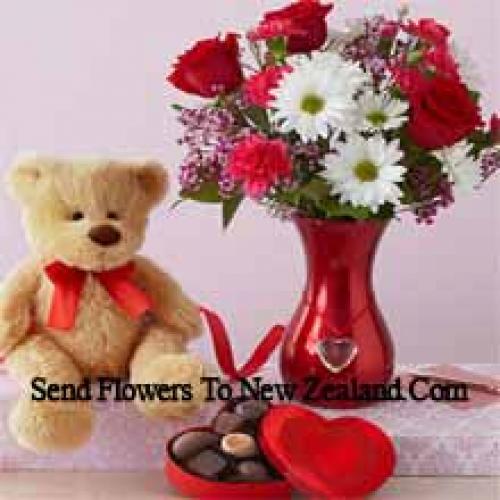 Rosas y Gerberas con Lindo Oso de Peluche y Chocolates