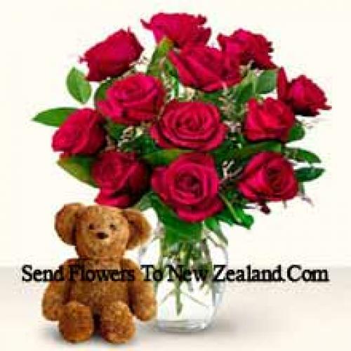 11 Red Roses with Cute 12 Inch Teddy