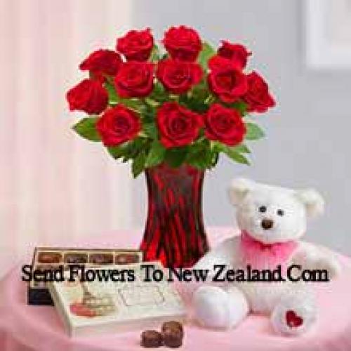 11 Hermosas Rosas Rojas con Peluche y Chocolates