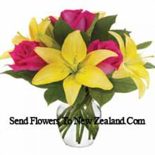 Pink Roses and Yellow Lilies in Vase