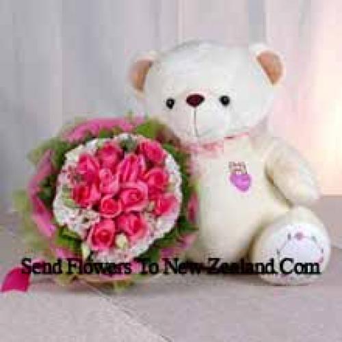 11 Pink Roses with Sweet Lovely Teddy