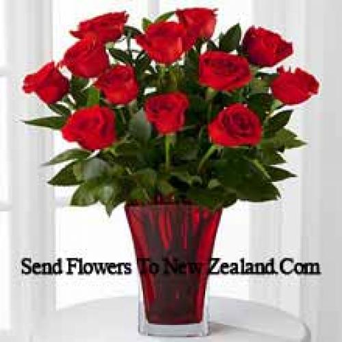 11 Hot Red Roses in Vase